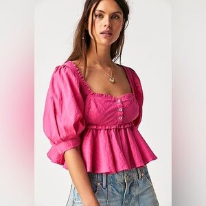 Free People Leave It To Me Cottagecore Babydoll Blouse in Aurora Pink | XS